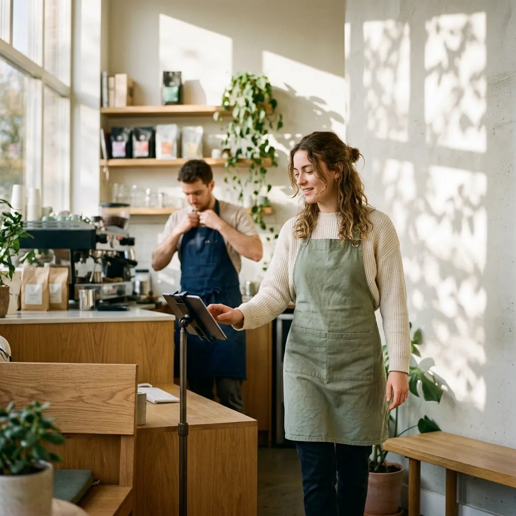 Une employée en tablier tape son code sur la tablette de pointage, à l'entrée d'un café baigné de lumière