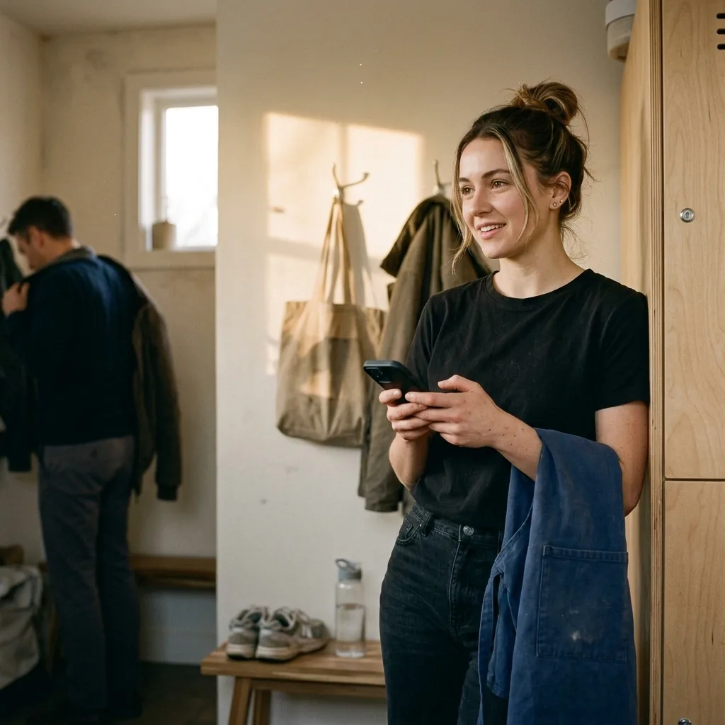 Une employée sourit en regardant son téléphone dans le vestiaire du personnel, son tablier sur le bras