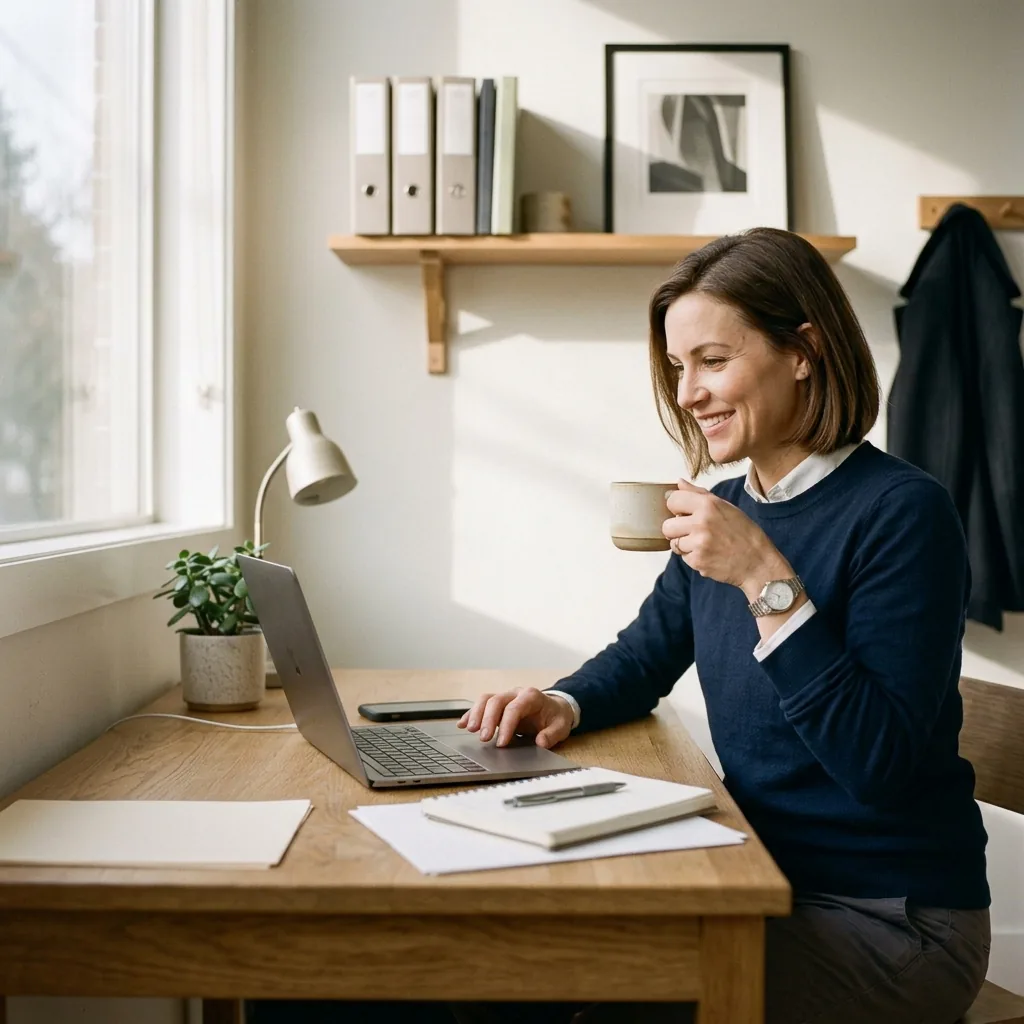 Une gérante sourit devant son ordinateur portable à son bureau, une tasse à la main